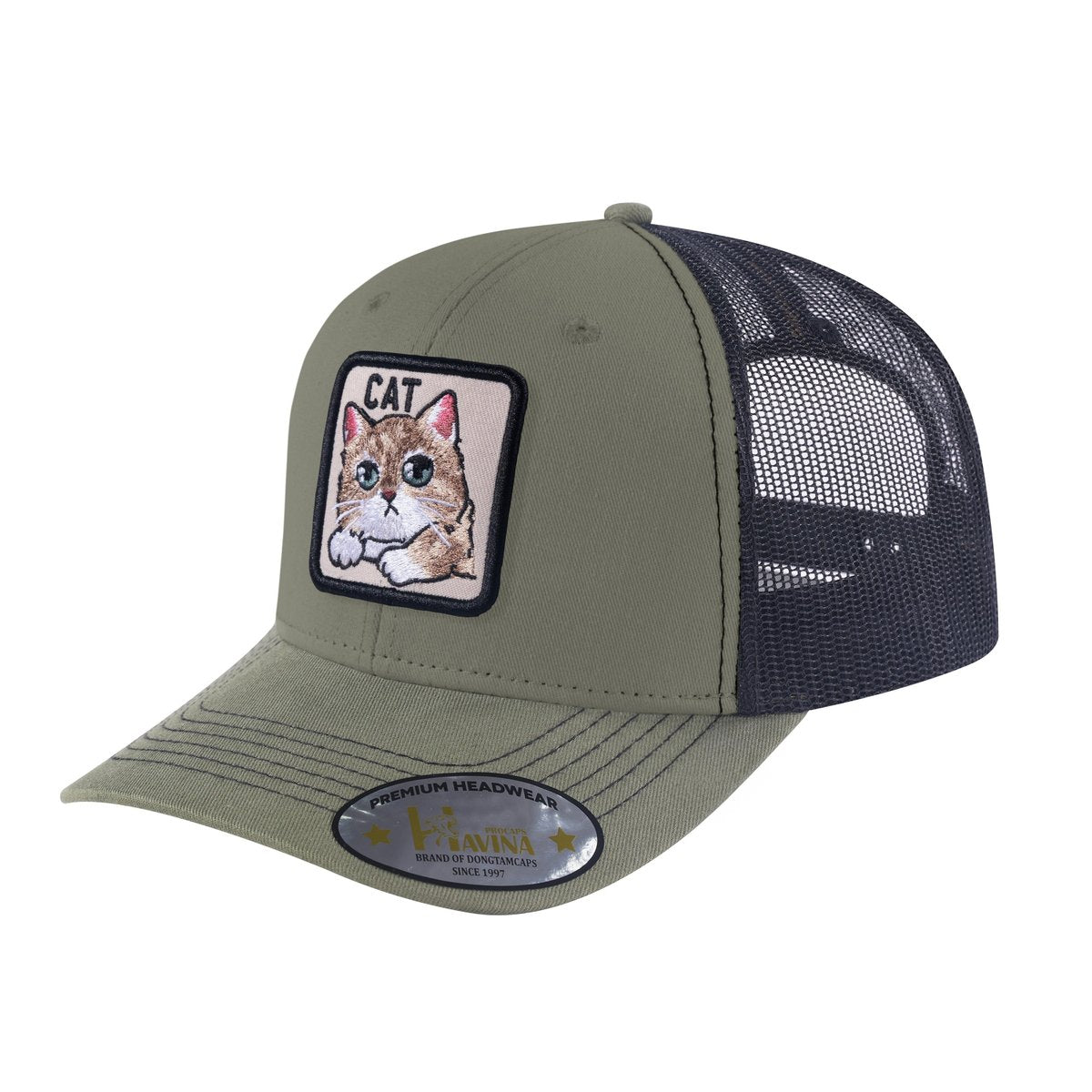 Cat 6-Panel Trucker Hat with Olive front and Black back