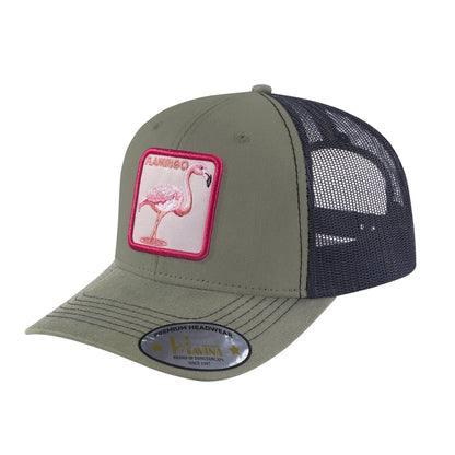 Flamingo 6-Panel Trucker Hat with Olive front and Black back