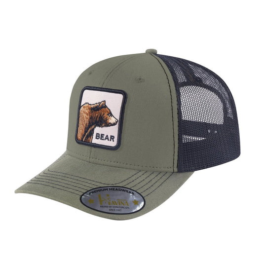 Bear 6-Panel Trucker Hat with Olive front and Black back