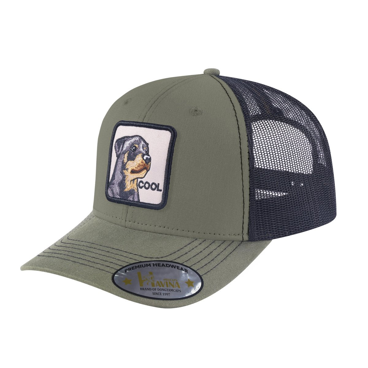 Cool Dog 6-Panel Trucker Hat with Olive front and Black back