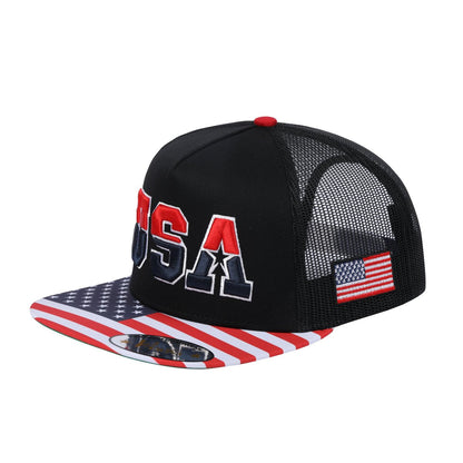 Embroidered Classic US American Flag - 5 Panel Snap Trucker Hat - Black