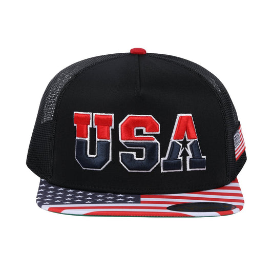 Embroidered Classic US American Flag - 5 Panel Snap Trucker Hat - Black