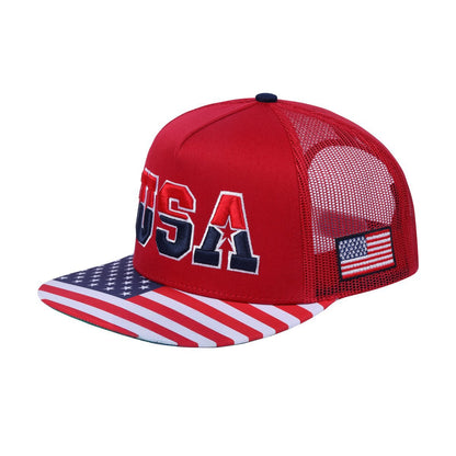 Classic US American Flag 5-Panel Snap Trucker Hat with Red front and Red back