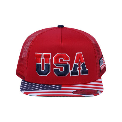 Embroidered Classic US American Flag - 5 Panel Snap Trucker Hat - Red