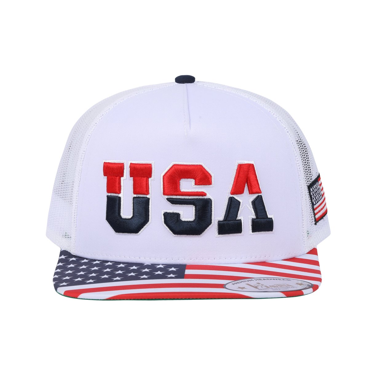 Embroidered Classic US American Flag - 5 Panel Snap Trucker Hat - White