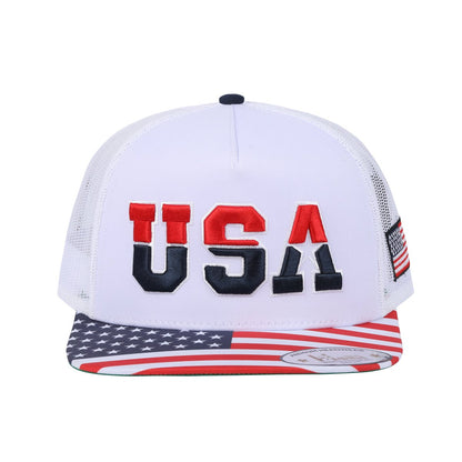 Embroidered Classic US American Flag - 5 Panel Snap Trucker Hat - White