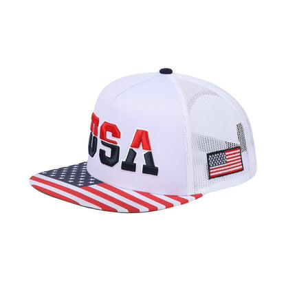 Classic US American Flag 5-Panel Snap Trucker Hat with White front and White back