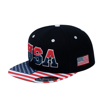Embroidered Classic US American Flag - 6 Panel Snap Baseball Cap - Black