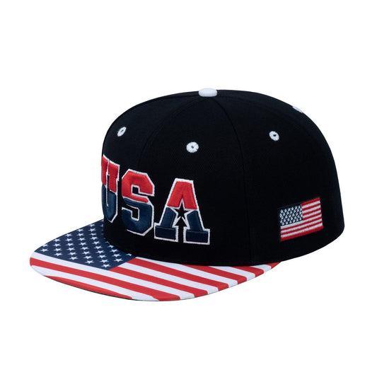 Classic US American Flag 6-Panel Snapback Flat Bill Baseball Cap with Black front and Black back