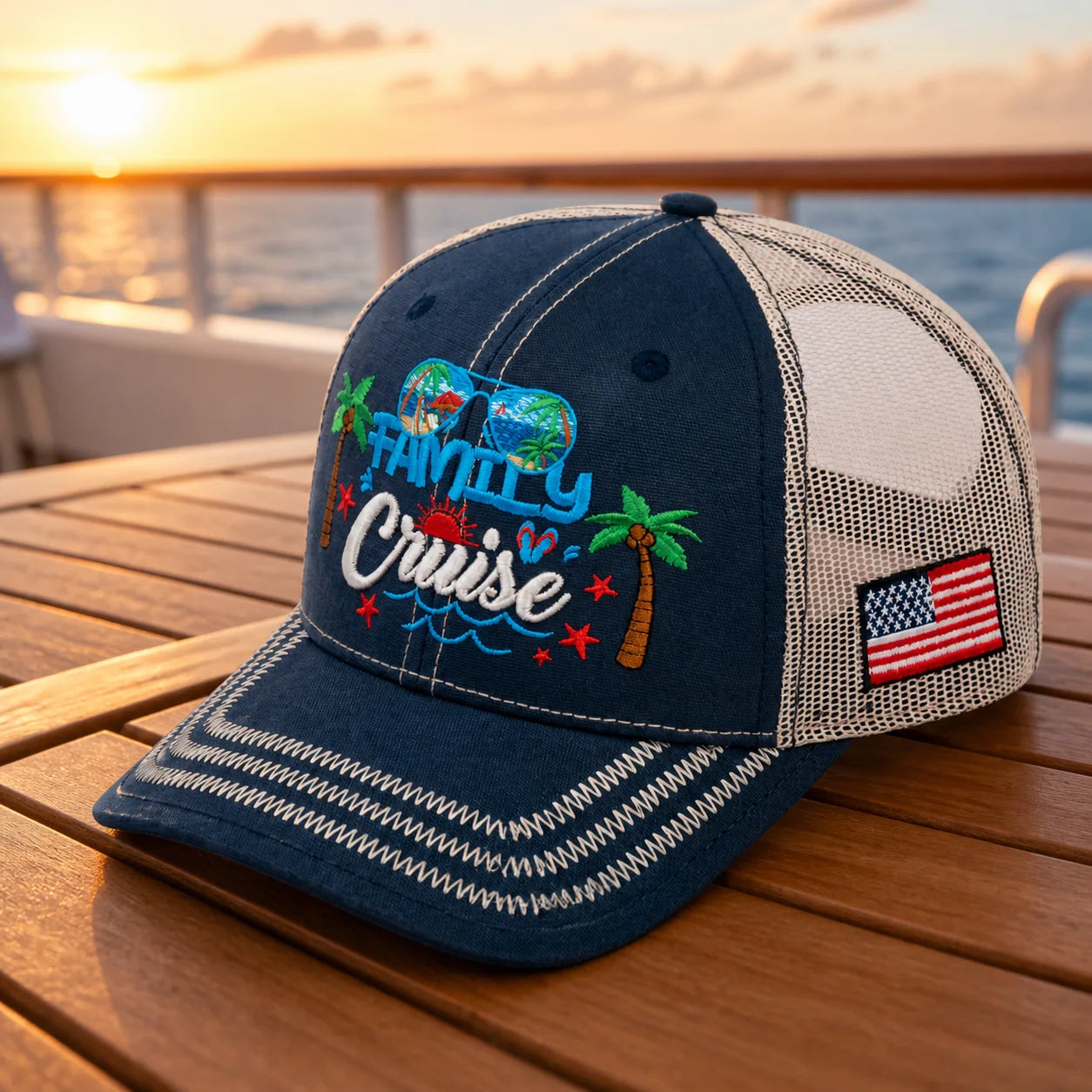 Family Cruise navy and beige trucker hat on a cruise ship deck