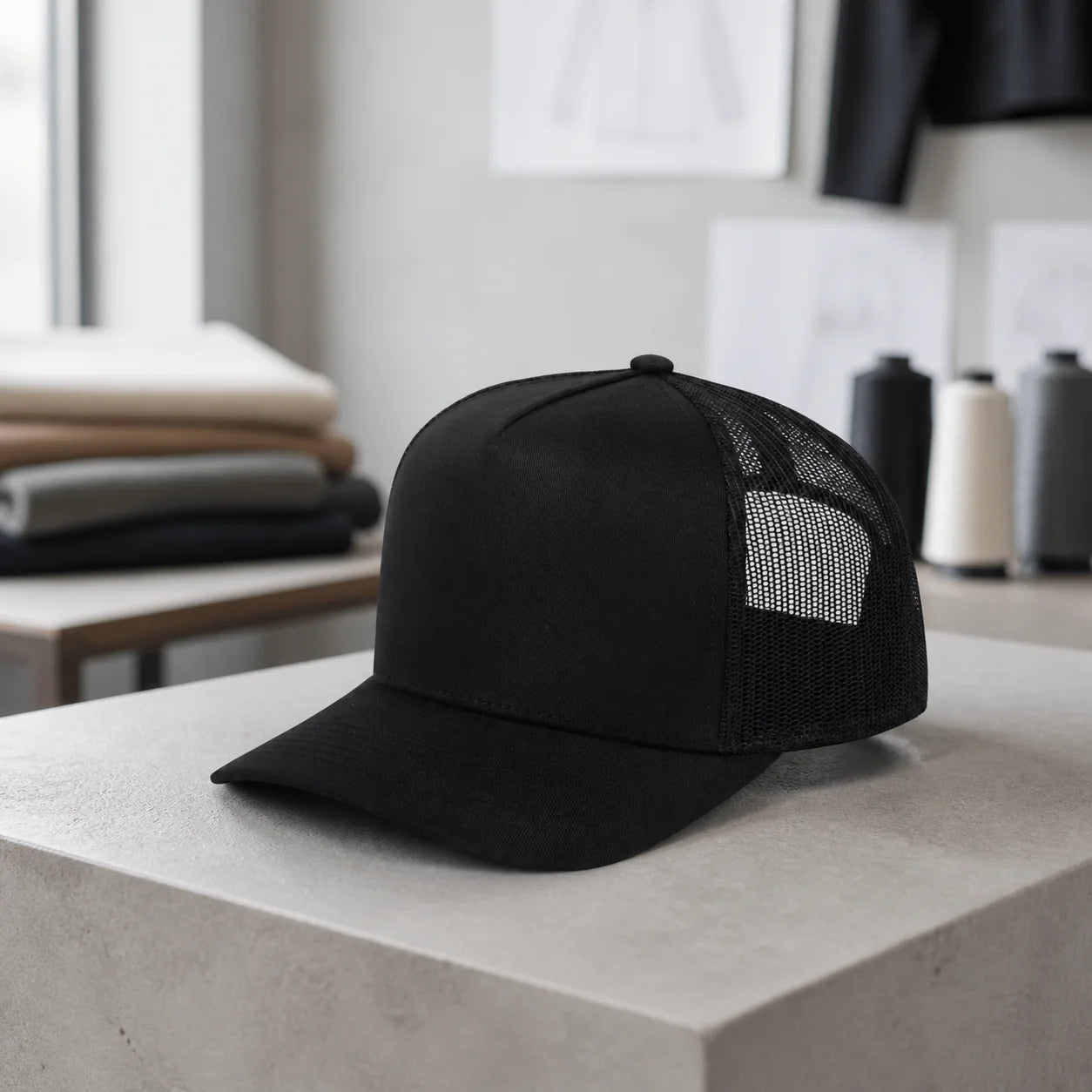 Illustrative blank black trucker cap styling preview